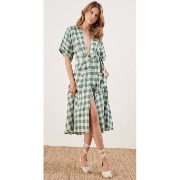 Reformation Green 100% Linen White Geneva Gingham Check Midi Dress Size 0 - Picture 8 of 8
